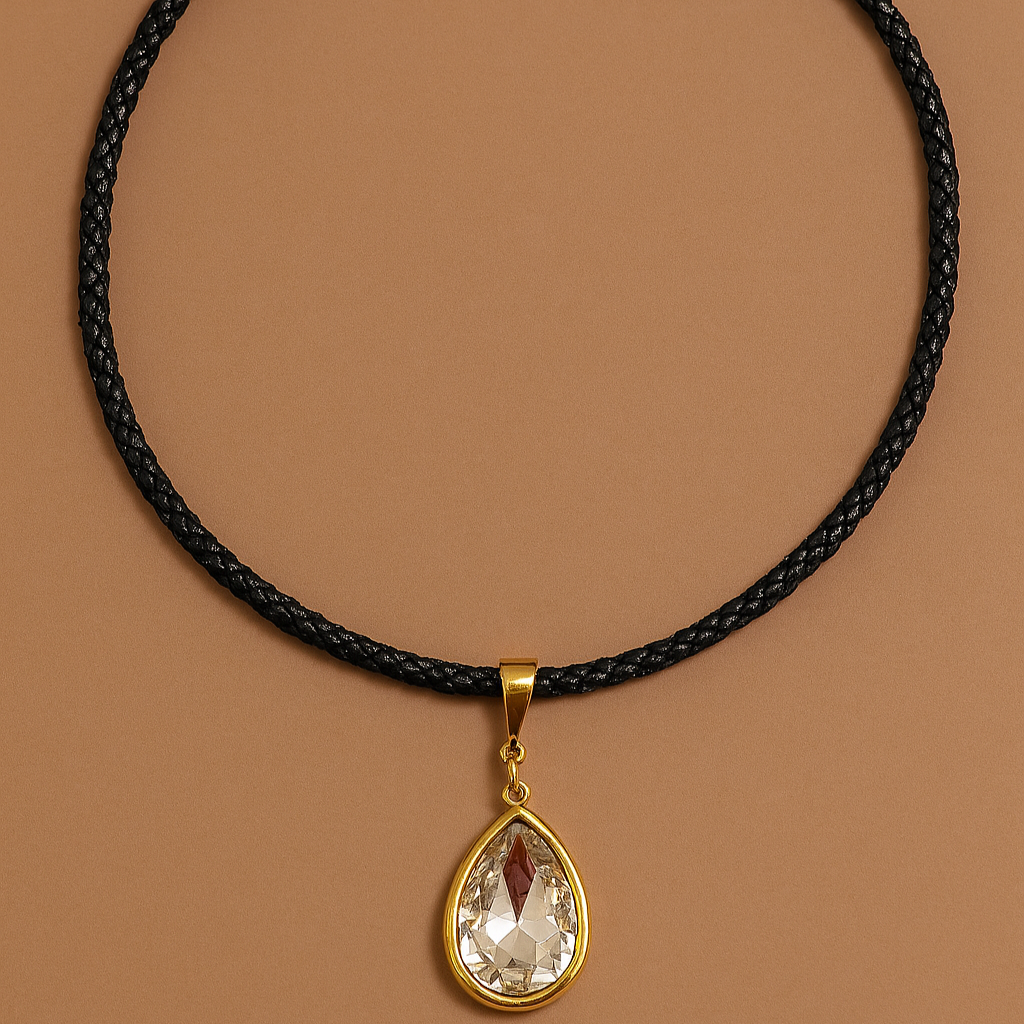 Colar Cordão Grosso Preto Trançado Com Pingente Gota Maxi