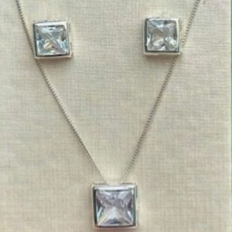 Conjunto Colar e Brinco Zircônia com Borda Quadrado Folheado