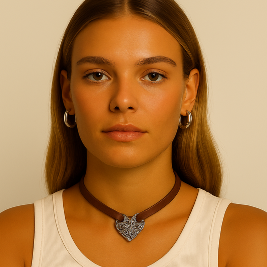 Colar Chocker Couro com Pingente Coração Prateado