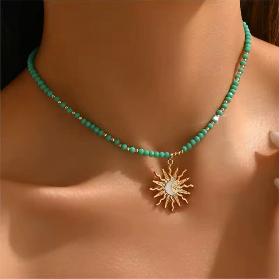 Colar Miçangas Turquesa sol Dourado