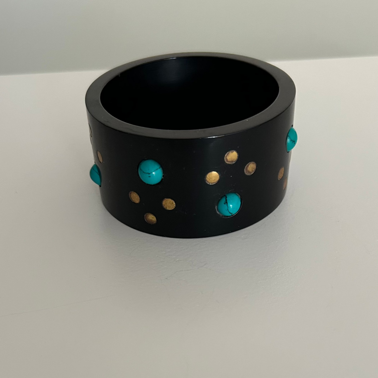 Pulseira Bracelete Indiano Madeira Com Turquesa e Dourado