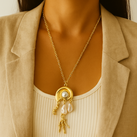 Colar Comprido Dourado com Pingentes Mar