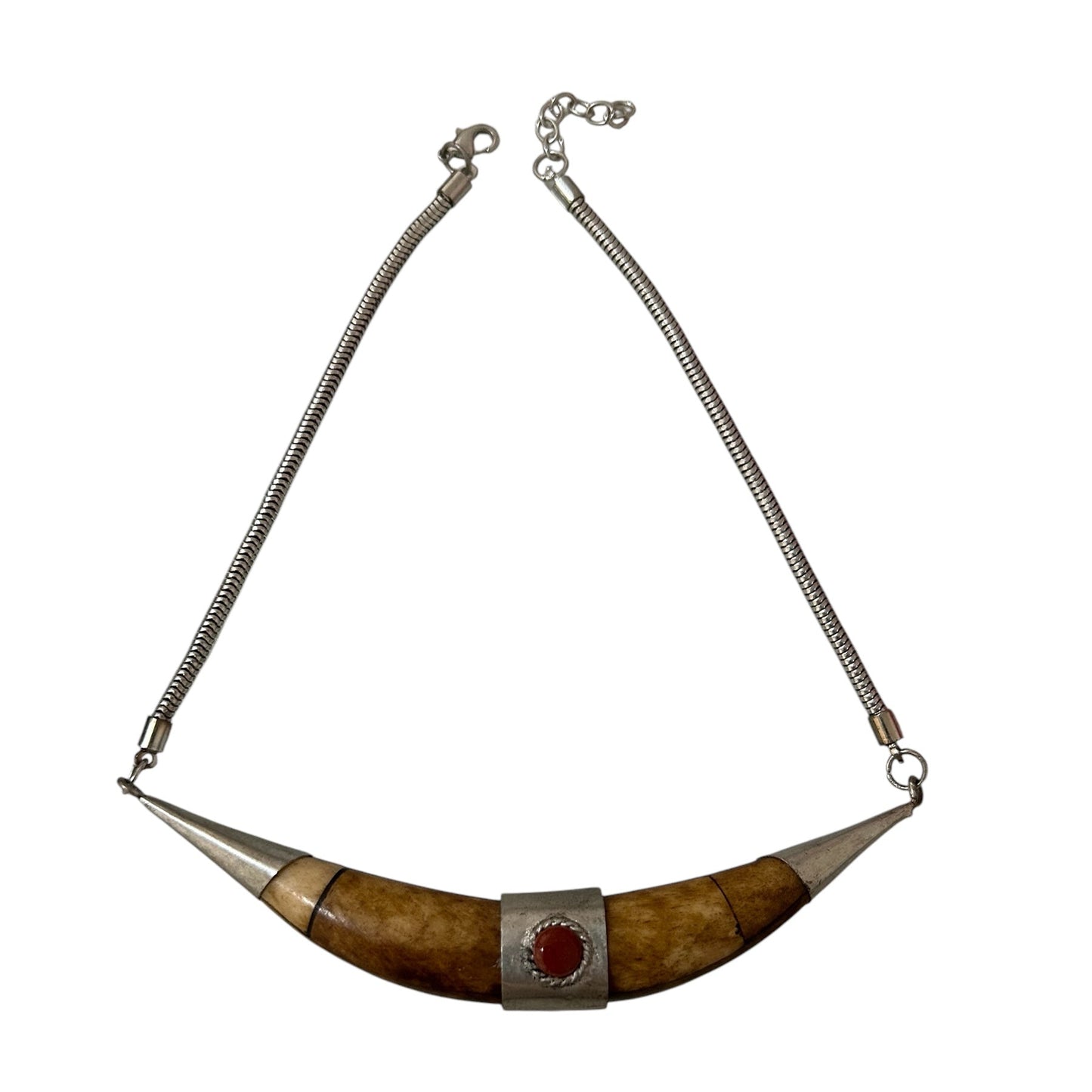 Colar Chocker Indiano Madeira Osso Pedra Prateado