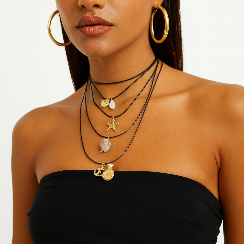 Colar Fio 5 Camadas Com Pingentes Variados Dourado