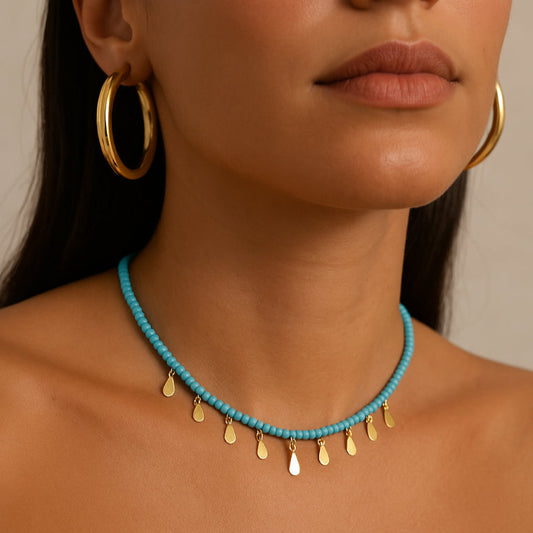 Colar Chocker Miçangas Com Gotas Dourado