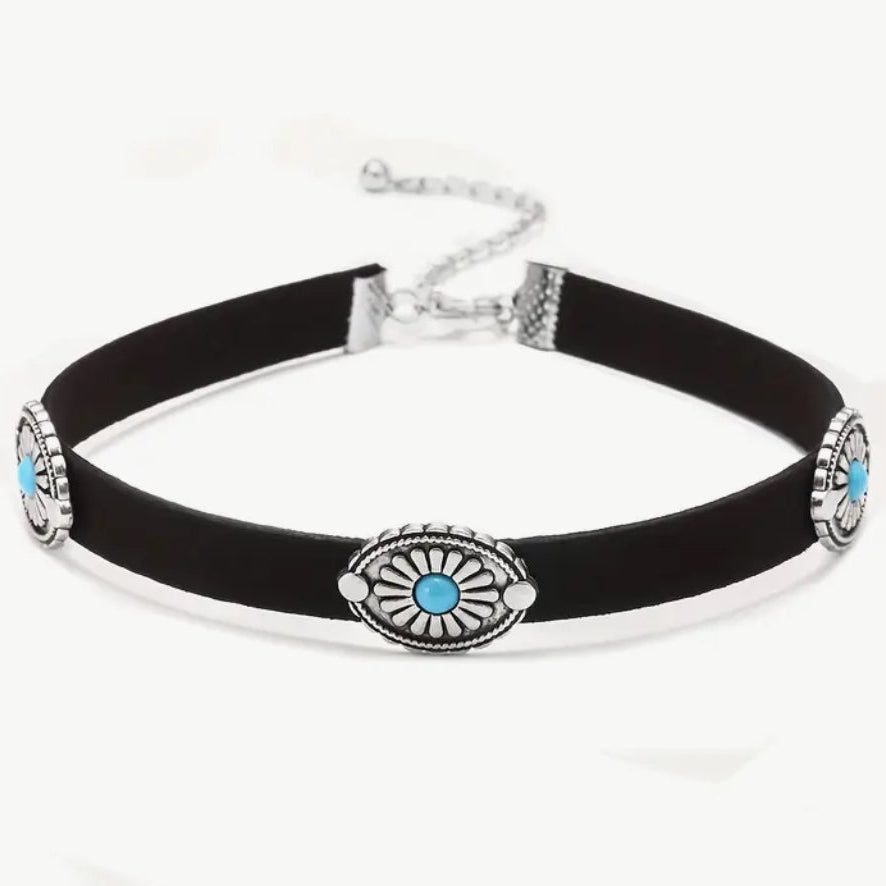 Colar Chocker Camurça com Pingente Floral e turquesa Prateado
