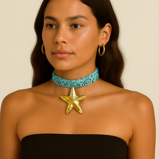 Colar Tecido Bandana Estrela Dourada