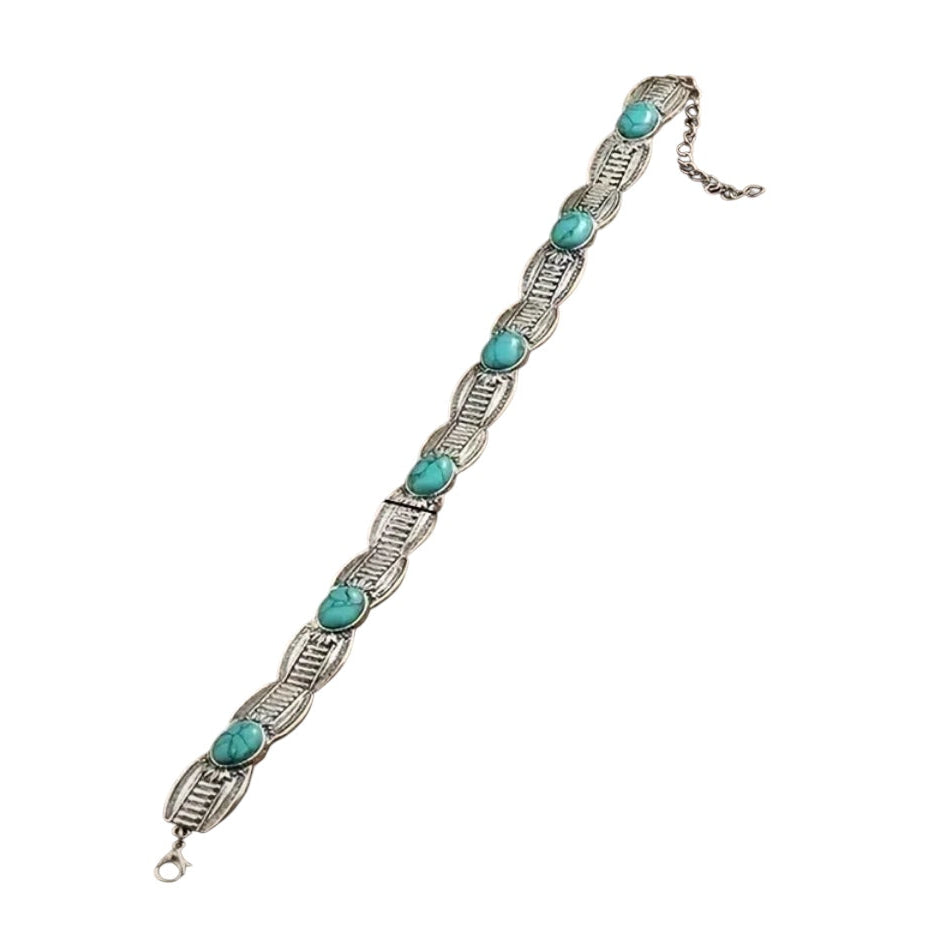 Colar Chocker metal Prateado e turquesa
