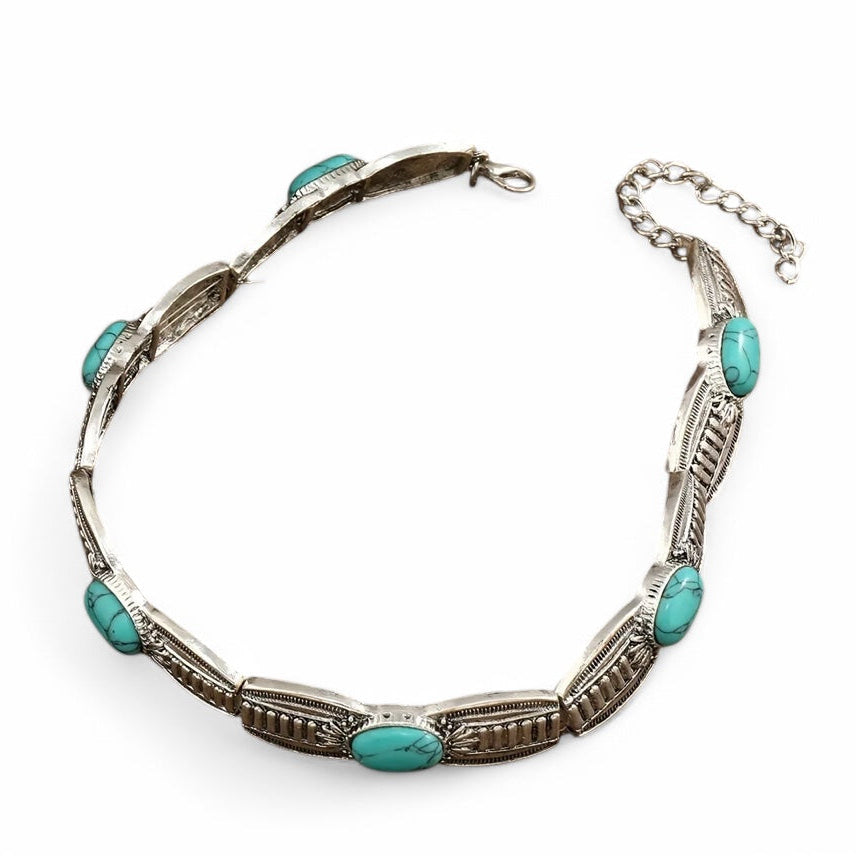 Colar Chocker metal Prateado e turquesa