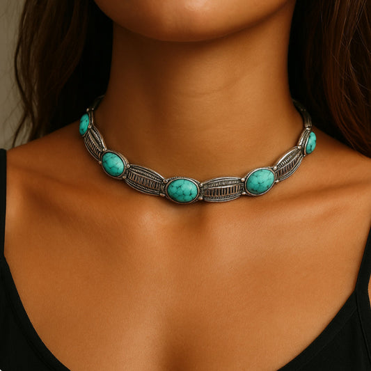 Colar Chocker metal Prateado e turquesa