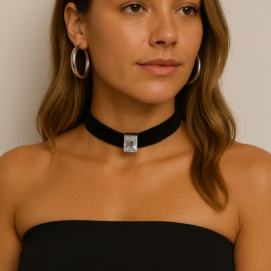 Colar Chocker Veludo Com Pedra Cristal