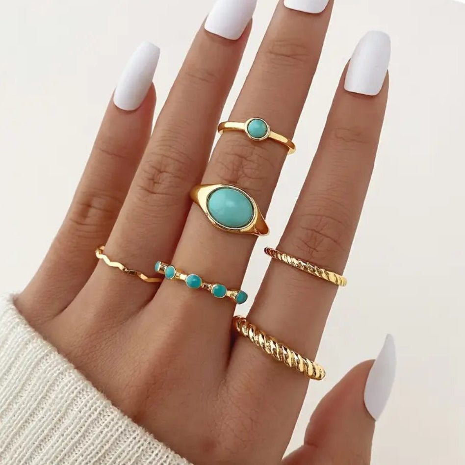 Anéis Kit Dourado com Turquesa