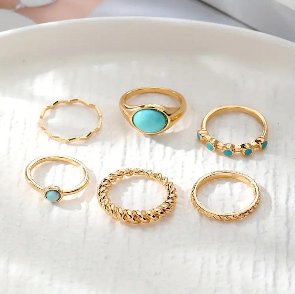 Anéis Kit Dourado com Turquesa