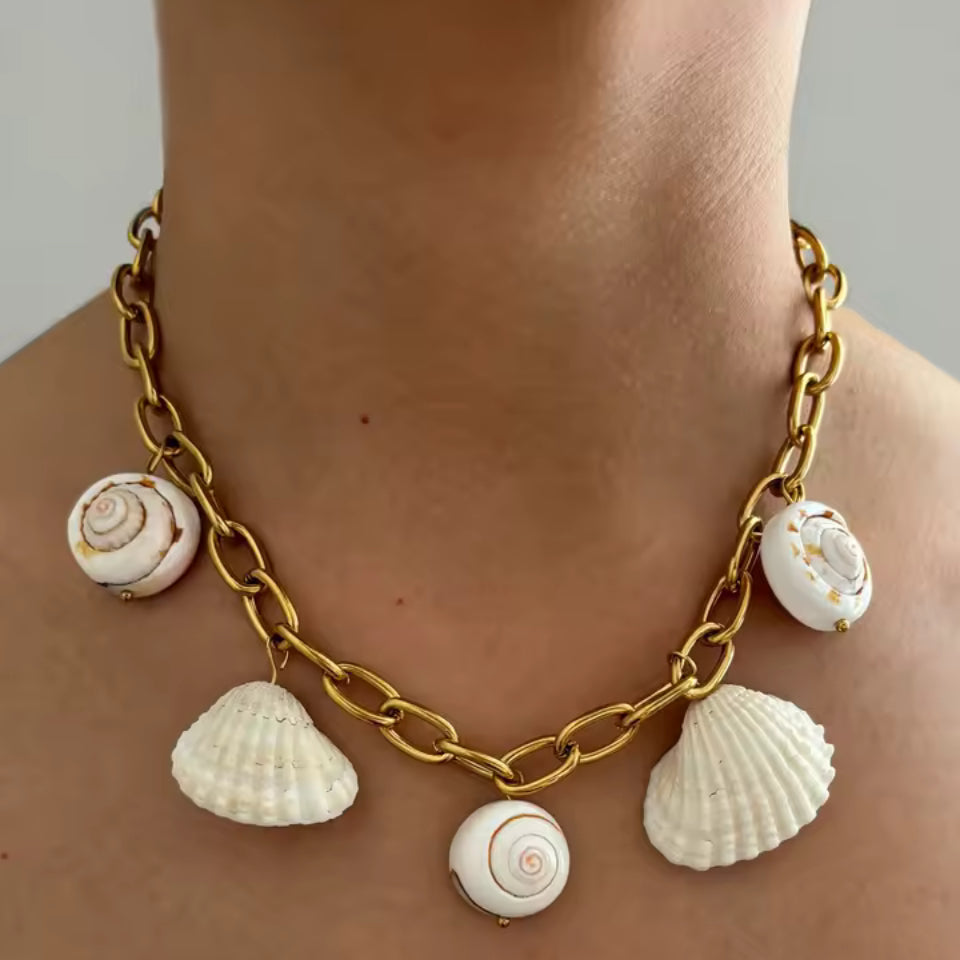 Colar de Corrente em Aço com Conchas Brancas Dourado