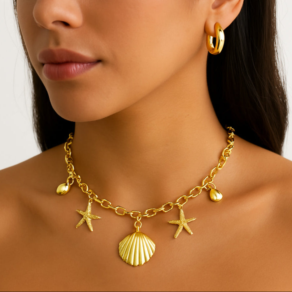 Colar Corrente Com Pingentes Mar Dourado