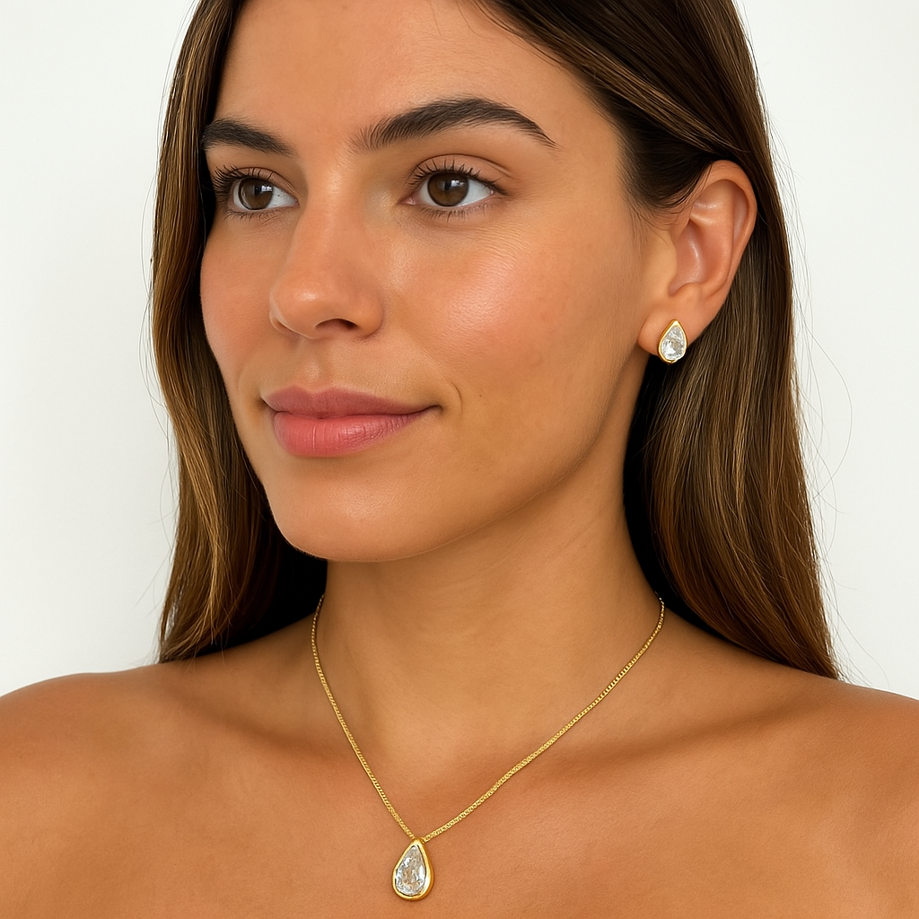 Colar Corrente Com Zircônia Gota e Brinco Dourado Folheado