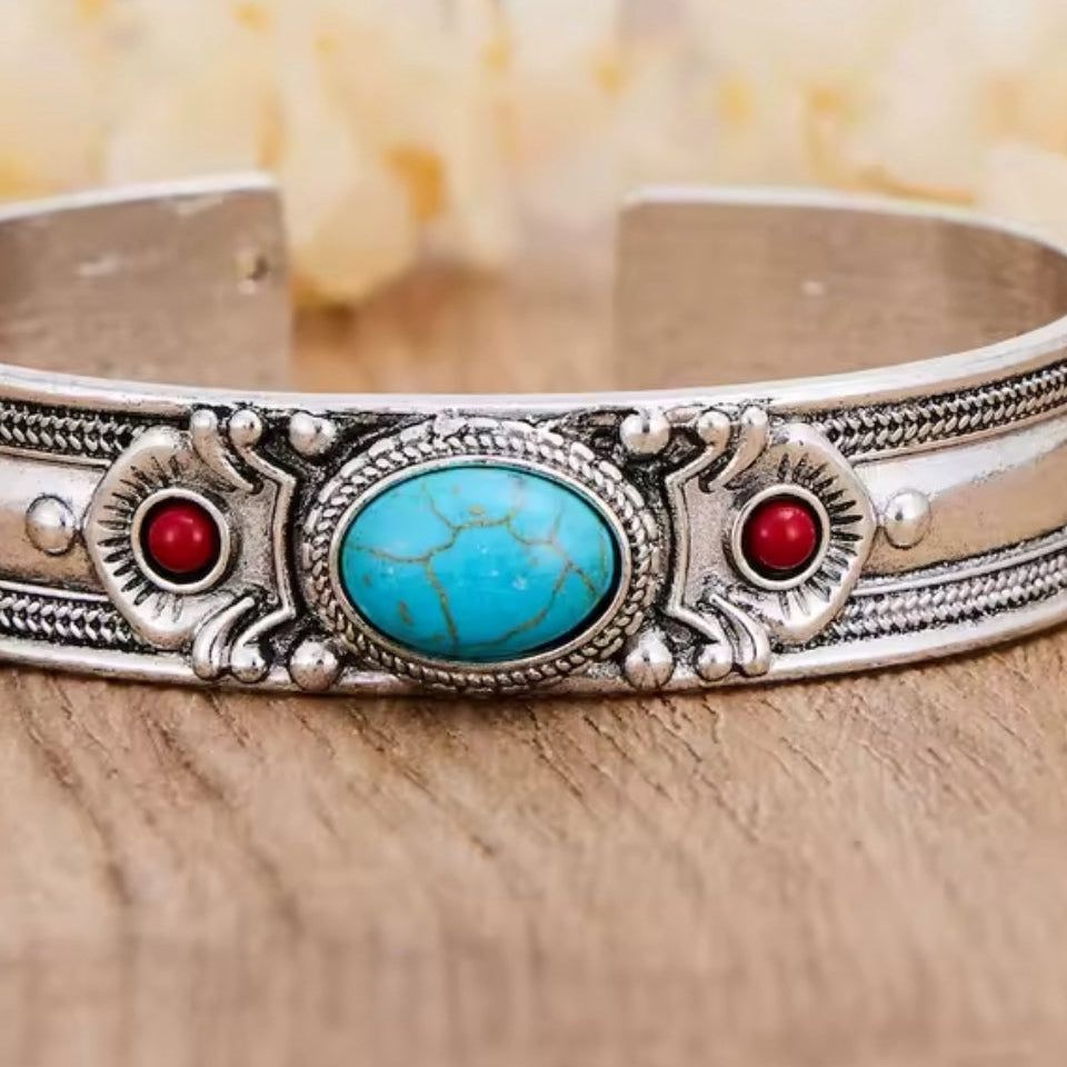 Pulseira Bracelete Indiano com Pedras Turquesa e vermelha Prateada