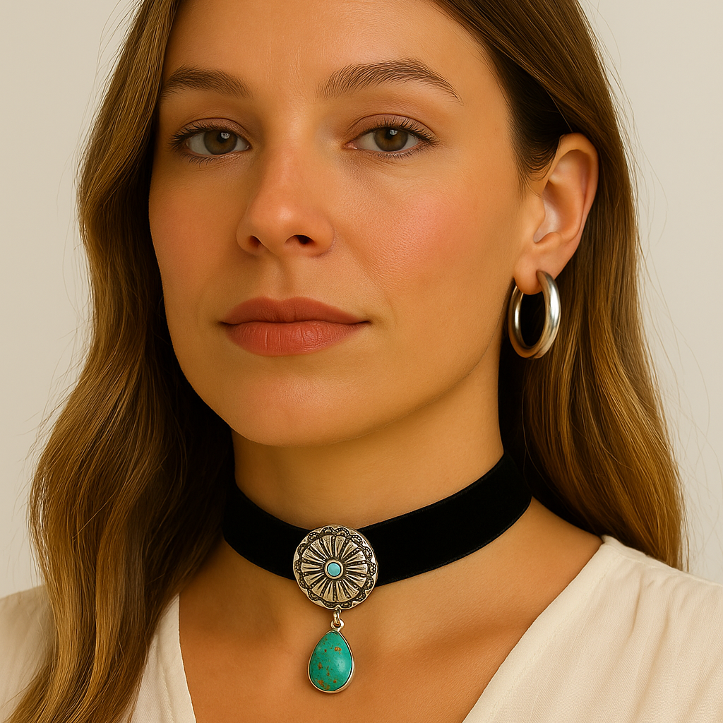 Colar Chocker Veludo com Mandala e Pedra Turquesa