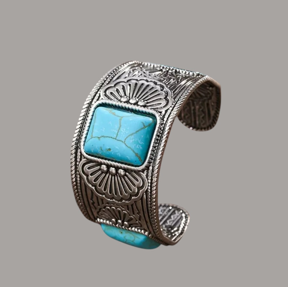 Pulseira Bracelete Prata Envelhecida e Pedras Turquesas