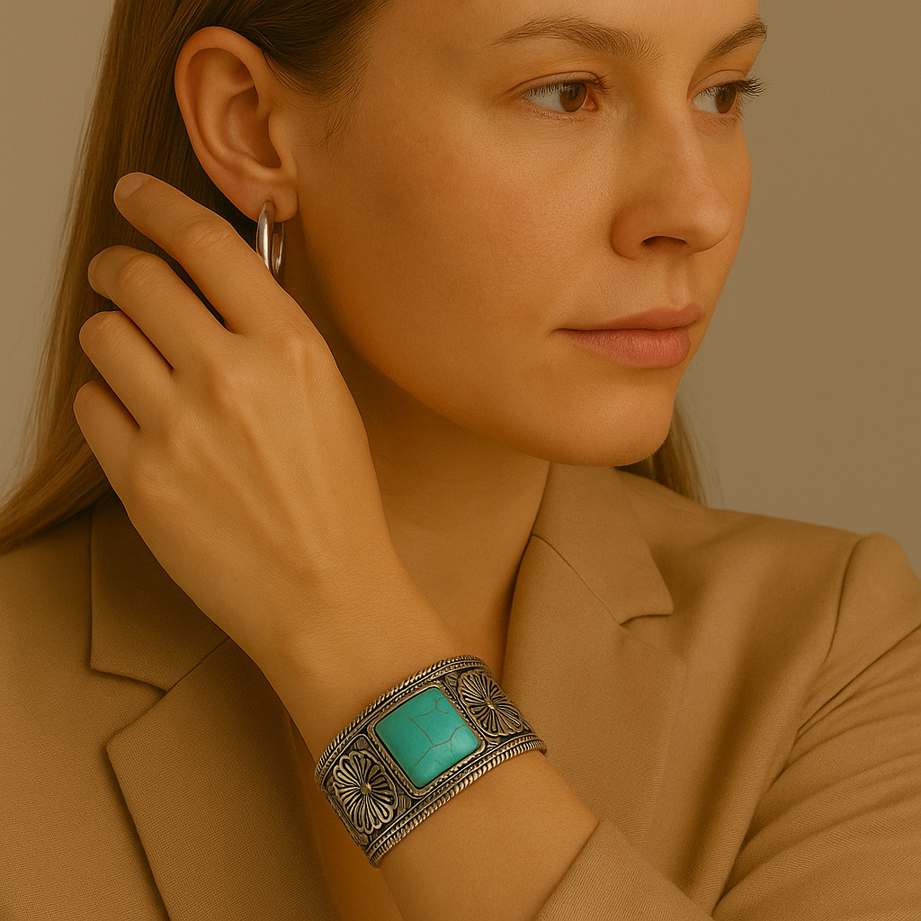Pulseira Bracelete Prata Envelhecida e Pedras Turquesas