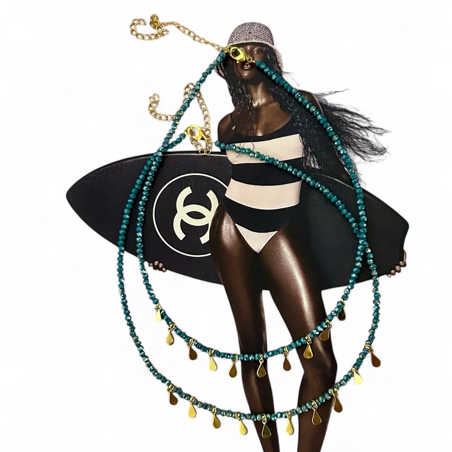 Colar Chocker Miçangas Com Gotas Dourado