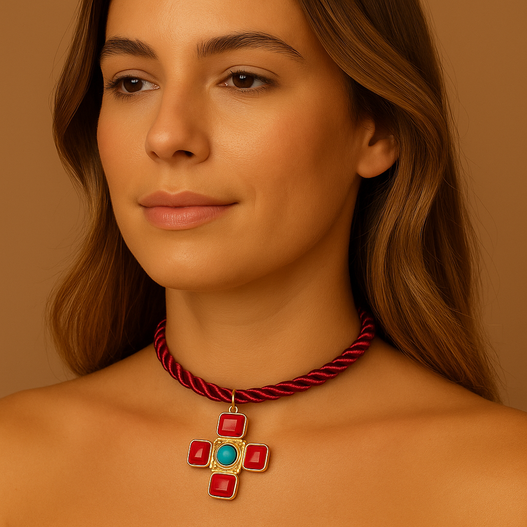 Colar Corda com Cruz Pedras
