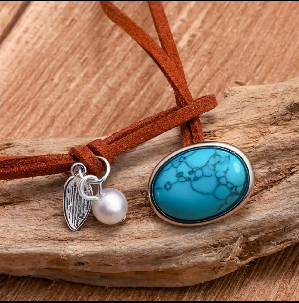 Colar Chocker Fio Camurça 2 Voltas com Turquesa Prateado