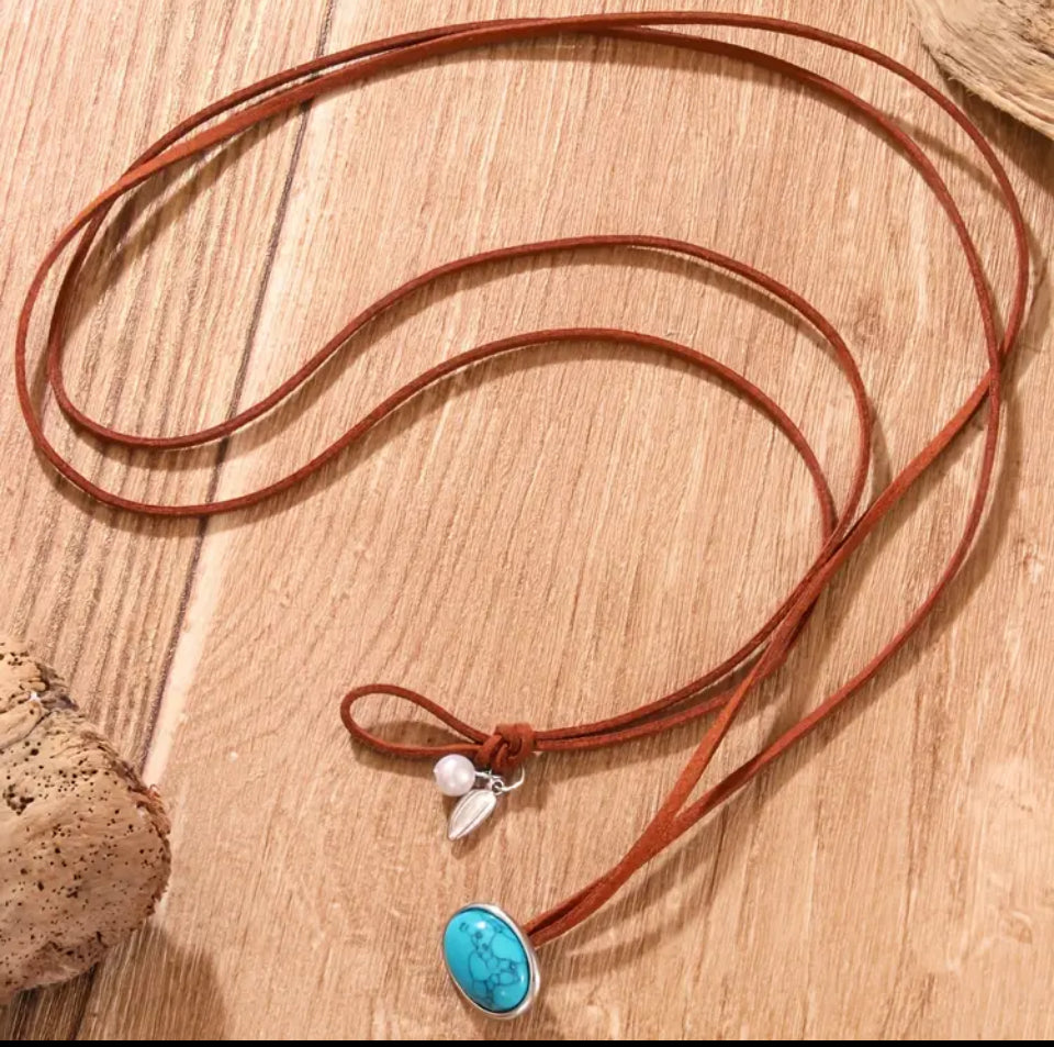 Colar Chocker Fio Camurça 2 Voltas com Turquesa Prateado