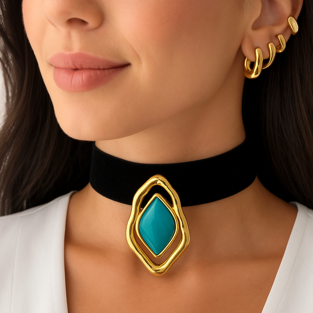 Colar Veludo Largo Com Pingente Orgânico Dourado Com Turquesa