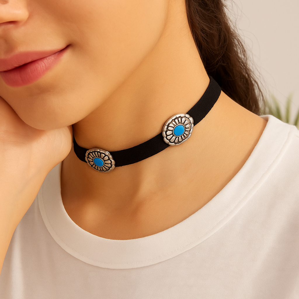 Colar Chocker Camurça com Pingente Floral e turquesa Prateado