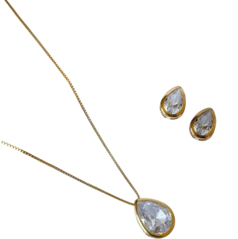 Colar Corrente Com Zircônia Gota e Brinco Dourado Folheado