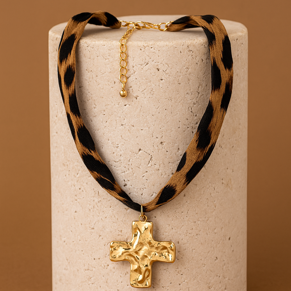 Colar 2 Tiras de Tecido Animal Print com Cruz Dourada.