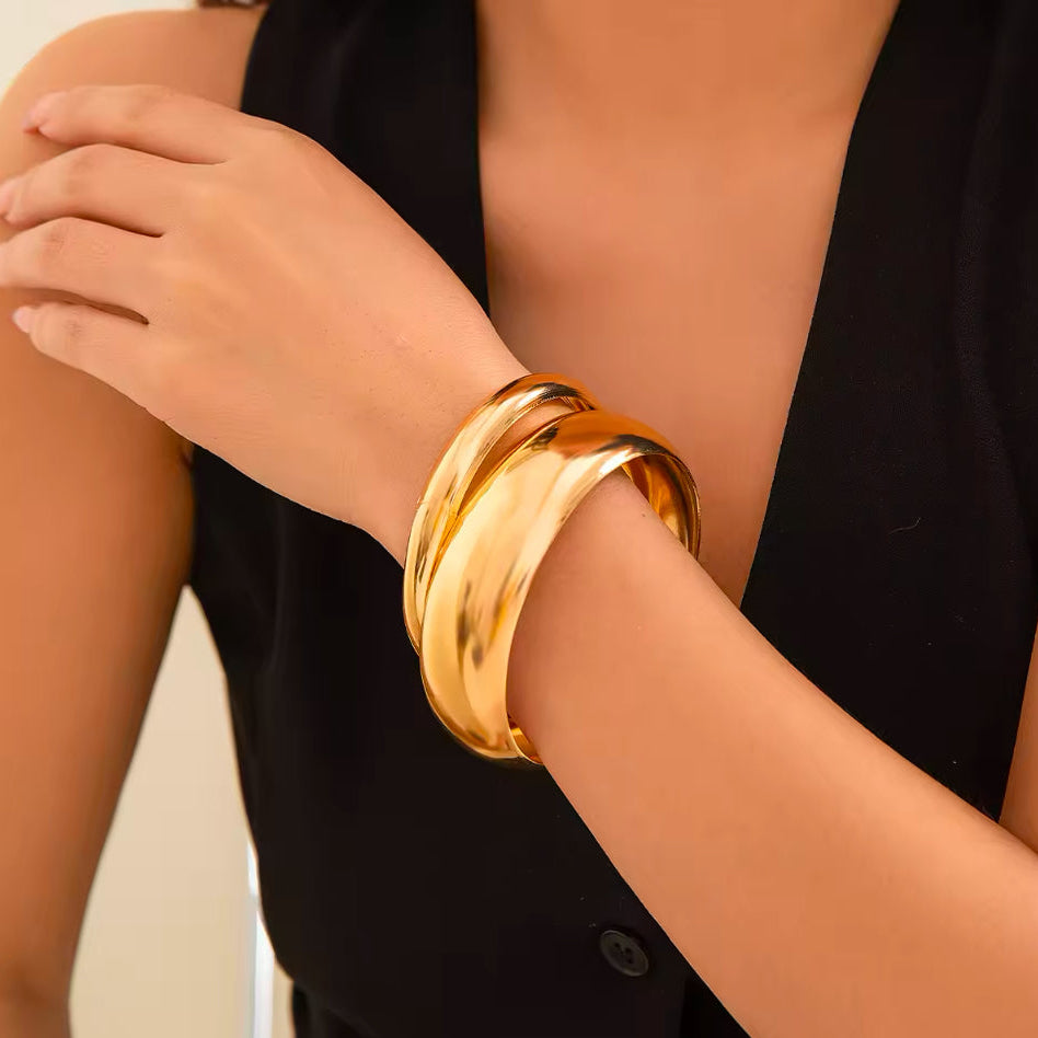Pulseira Larga e Fina Dupla Dourada