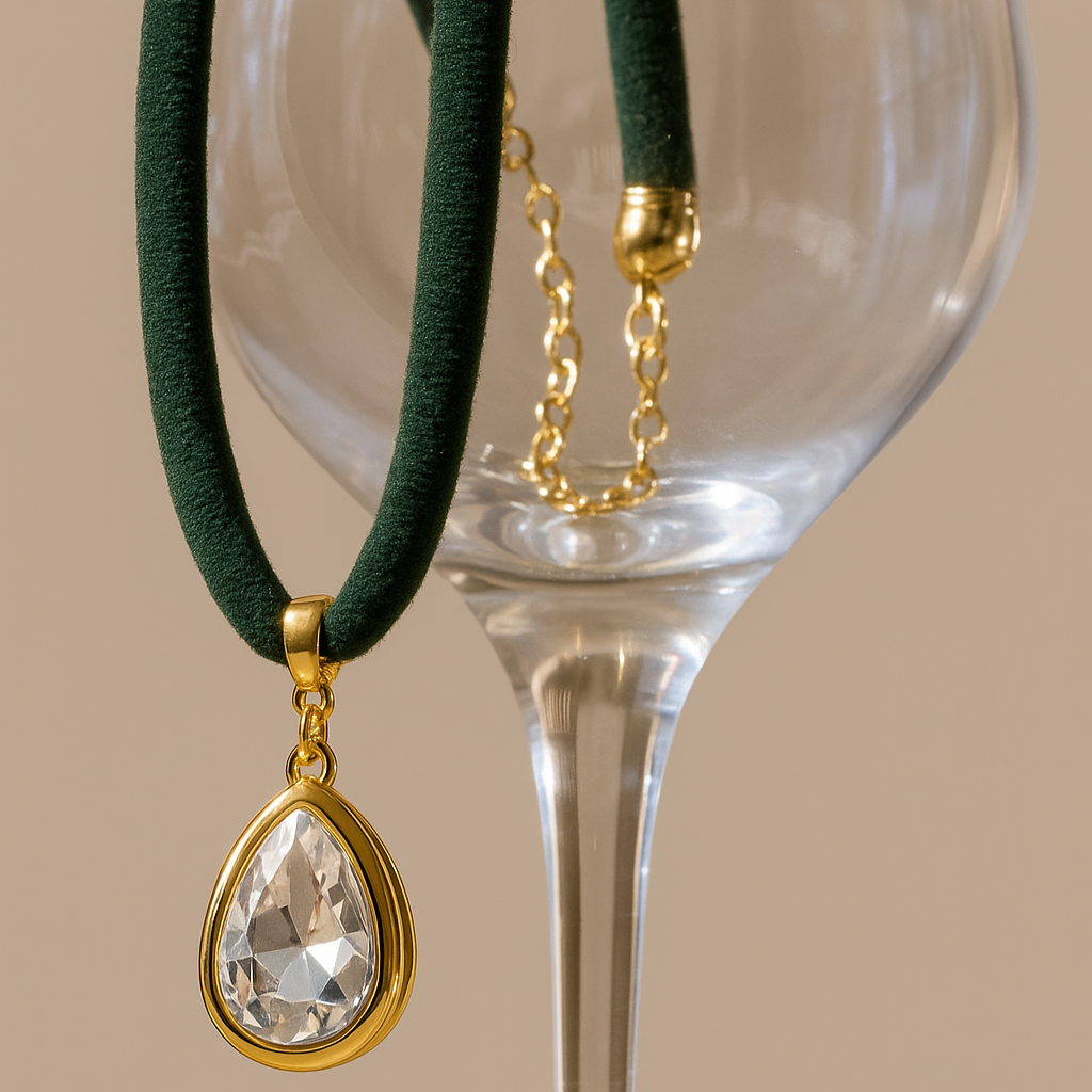 Colar Aveludado Com Pingente Gota Cristal
