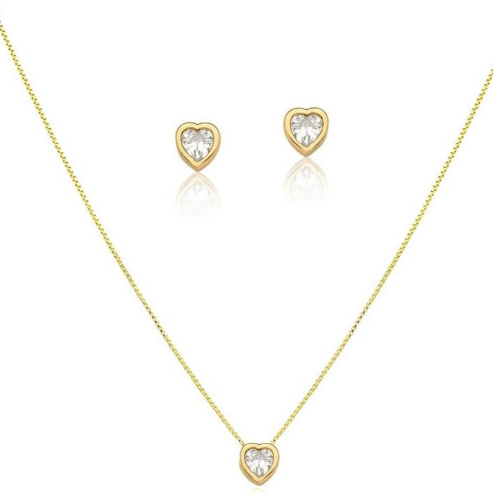 Conjunto Colar e Brinco Coração Zircônia Folheado
