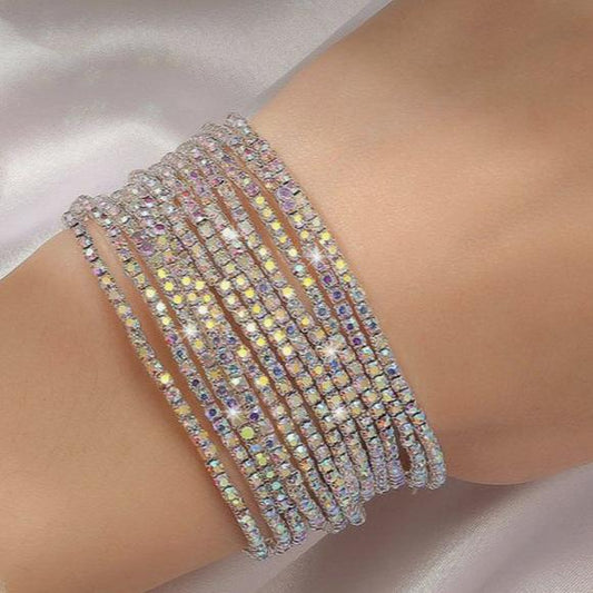 Pulseiras Kit Strass com Elástico Prateado com 12 fios