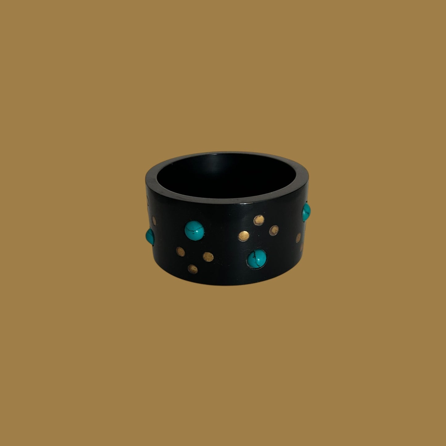 Pulseira Bracelete Indiano Madeira Com Turquesa e Dourado