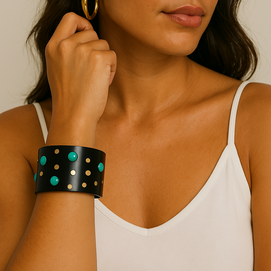 Pulseira Bracelete Indiano Madeira Com Turquesa e Dourado