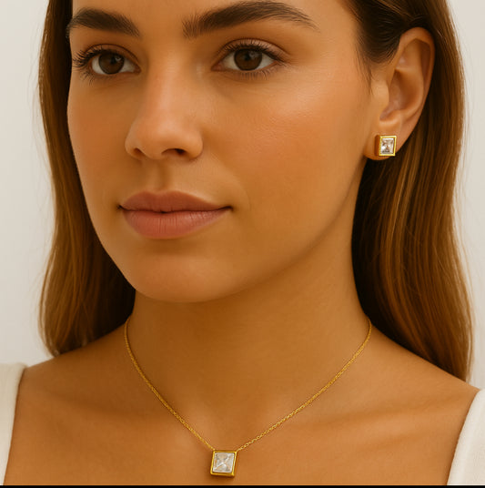 Conjunto Colar e Brinco Zircônia com Borda Quadrado Folheado