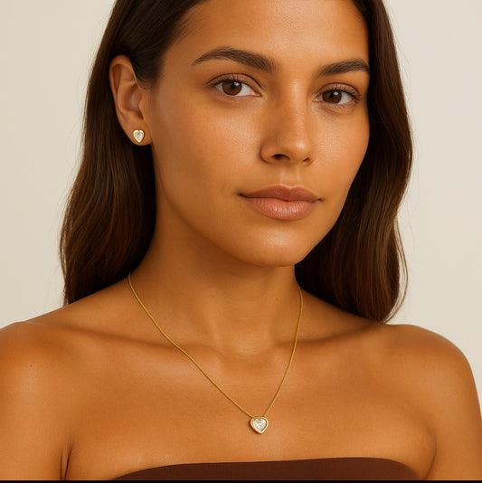 Conjunto Colar e Brinco Coração Zircônia Folheado