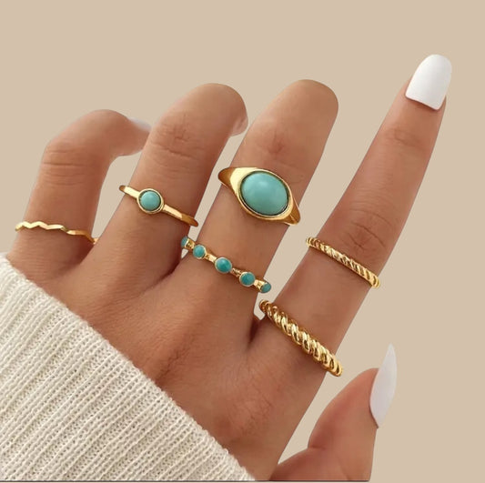 Anéis Kit Dourado com Turquesa