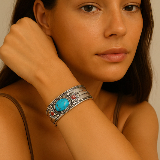 Pulseira Bracelete Indiano com Pedras Turquesa e vermelha Prateada