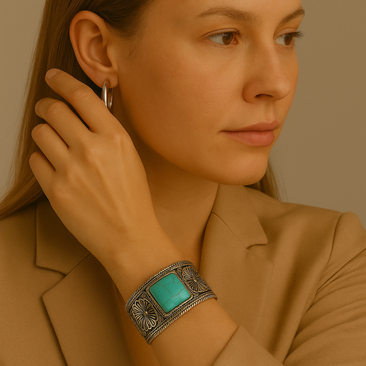 Pulseira Bracelete Prata Envelhecida e Pedras Turquesas