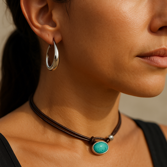 Colar Chocker em Pu  com Pedra Turquesa Prateado