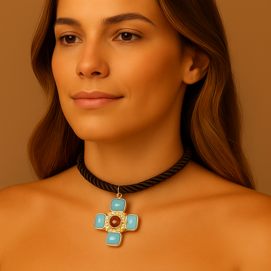 Colar Corda com Cruz Pedras