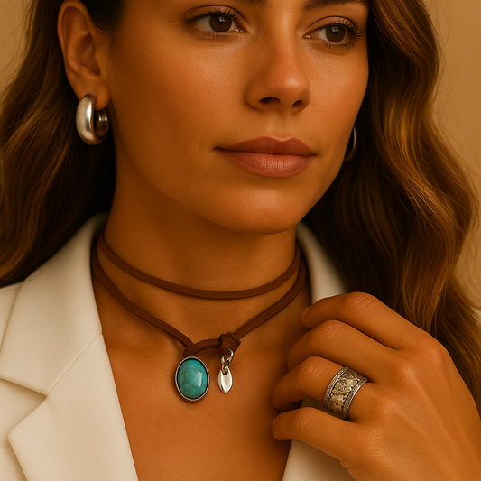 Colar Chocker Fio Camurça 2 Voltas com Turquesa Prateado